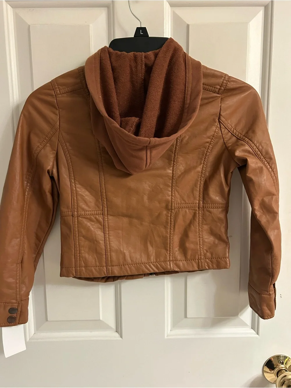 NWT-Girls Hooded Mocha Faux Leather Moto Jacket - Tan